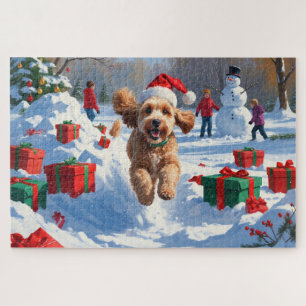 Cockapoo Running in Snow with Christmas Hat Jigsaw Puzzle