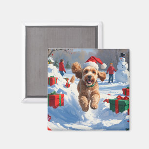 Cockapoo Running in Snow with Christmas Hat Magnet