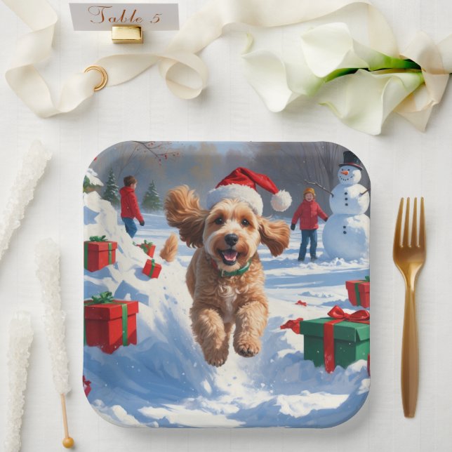 Cockapoo Running in Snow with Christmas Hat Paper Plate (Wedding)