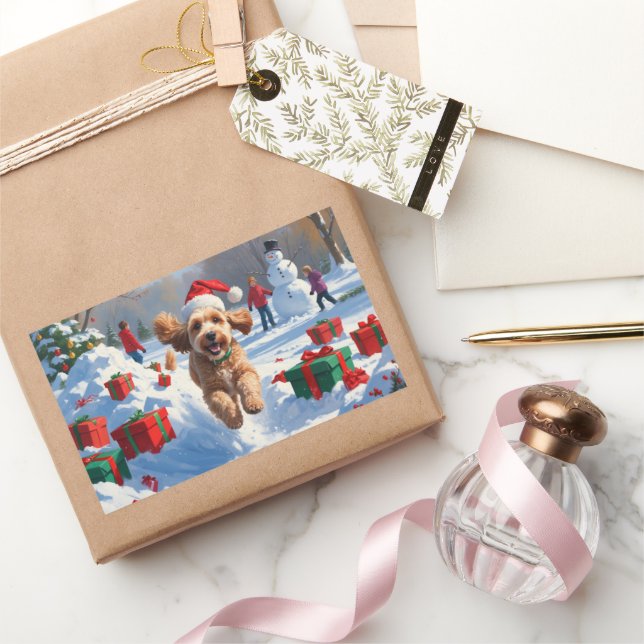 Cockapoo Running in Snow with Christmas Hat Rectangular Sticker (Gifting)