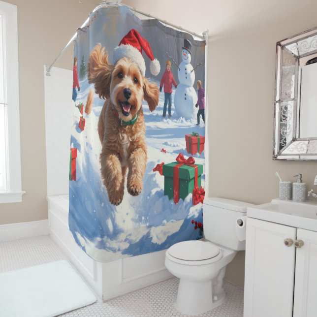 Cockapoo Running in Snow with Christmas Hat Shower Curtain (In Situ)