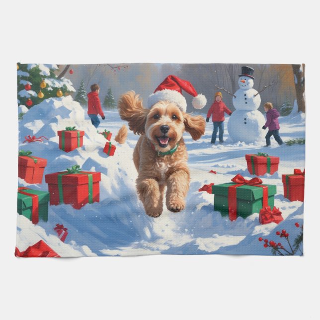 Cockapoo Running in Snow with Christmas Hat Tea Towel (Horizontal)