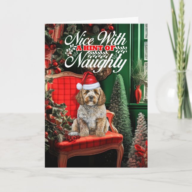 Cockapoo Santa Christmas Dog Naughty Nice Holiday Card (Front)