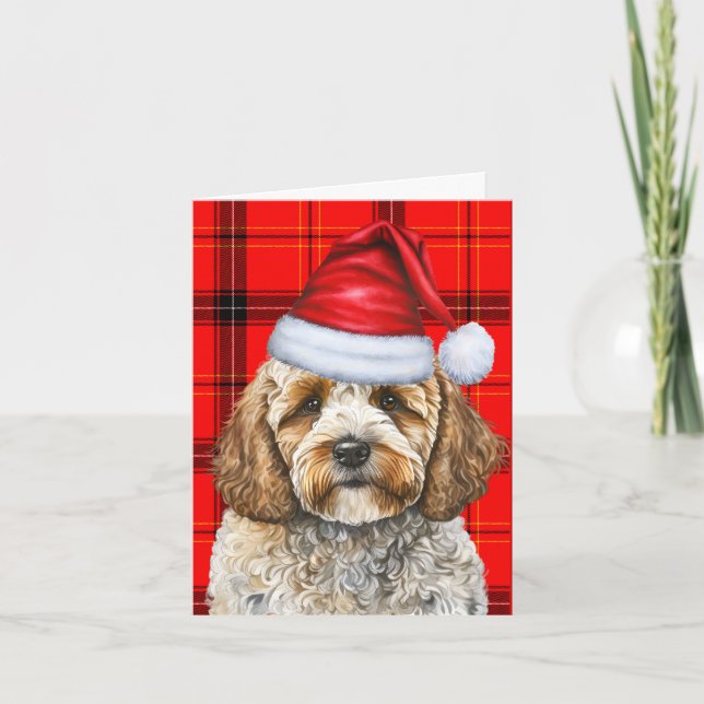 Cockapoo Santa Dog Red Holiday Plaid Christmas Card (Front)