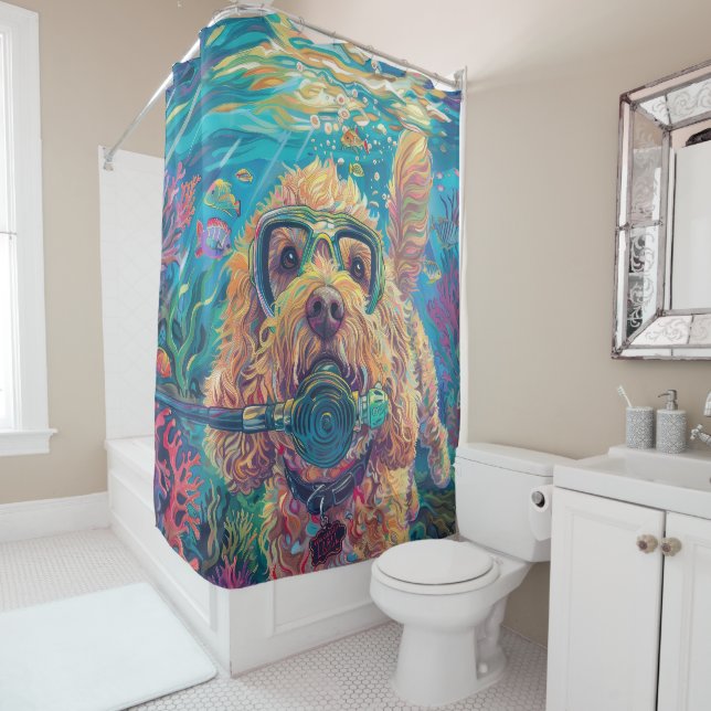 Cockapoo Scuba Diving Underwater Shower Curtain (In Situ)