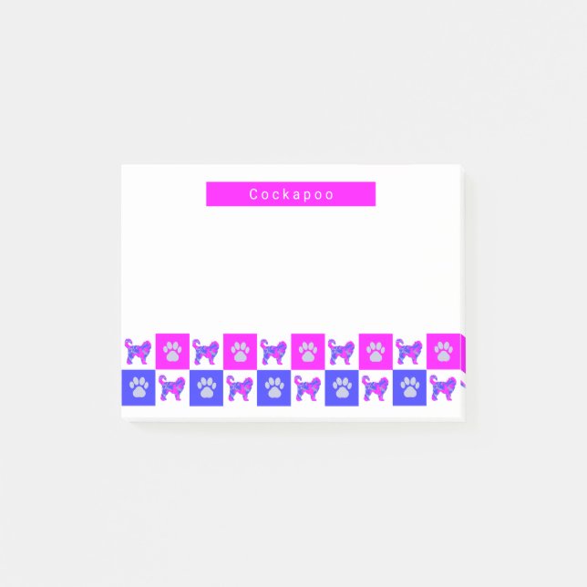 Cockapoo Silhouette Dog & Paw Hot Pink & Blue Post-it Notes (Front)