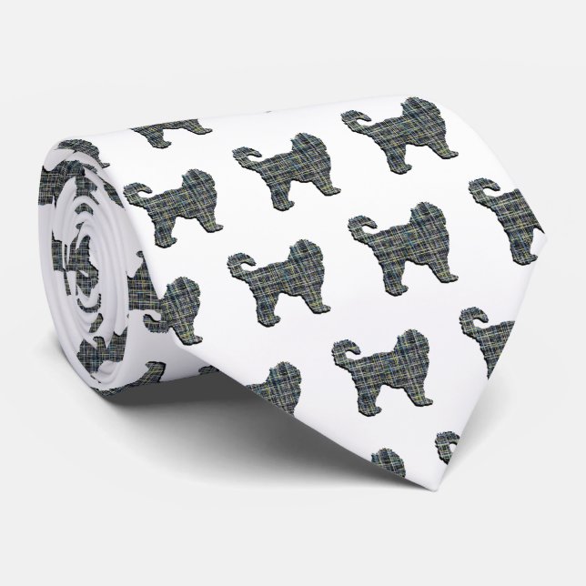 Cockapoo Silhouette Yellow & Black Grid White Tie (Rolled)