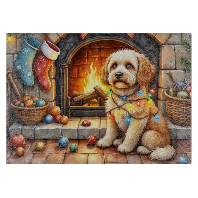 Cockapoo Sitting by Fireplace with Christmas Light Cutting Board (Front)