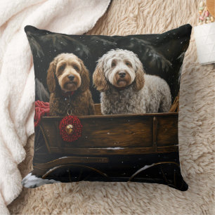 Cockapoo Snowy Sleigh Christmas Decor Cushion