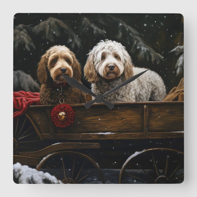 Cockapoo Snowy Sleigh Christmas Decor   Square Wall Clock (Front)