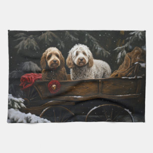 Cockapoo Snowy Sleigh Christmas Decor    Tea Towel
