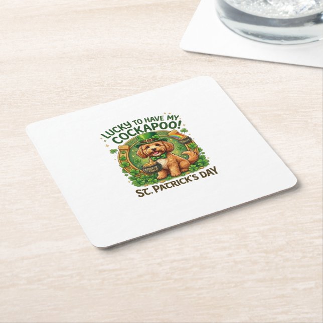 Cockapoo St Patrick's Day Lucky Dog Pot of Gold Square Paper Coaster (Angled)
