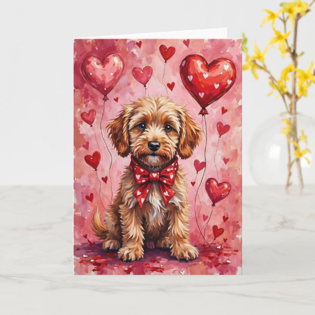 Cockapoo Valentine Dog Sitting with Hearts Red Card (Yellow Flower)