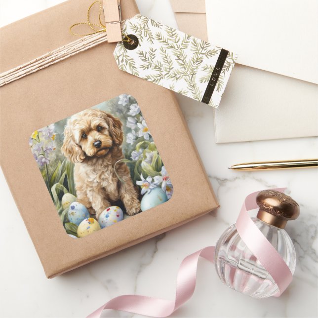 Cockapoo with Easter Eggs Holiday  Square Sticker (Gifting)