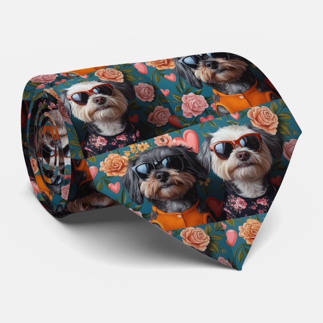 Cockapoo With Heart Roses Valentine's Day Tie (Rolled)