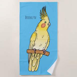 Cockatiel bird cartoon illustration  beach towel