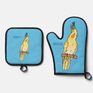 Cockatiel bird cartoon illustration oven mitt & pot holder set