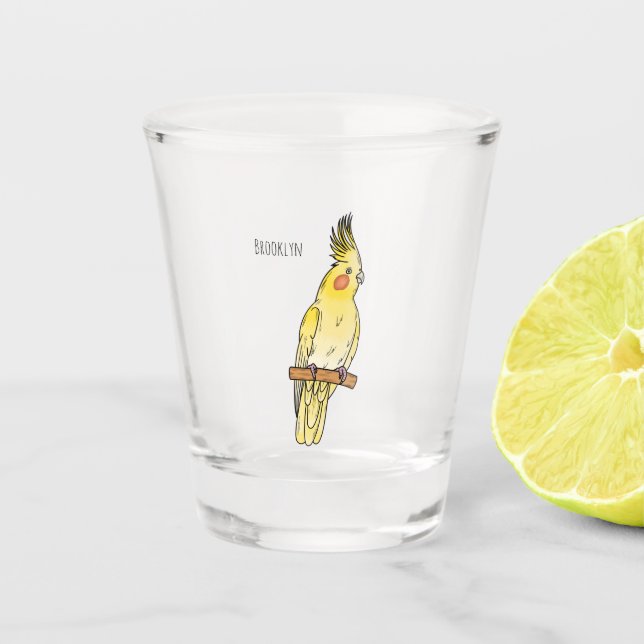 Cockatiel bird cartoon illustration shot glass (Front)