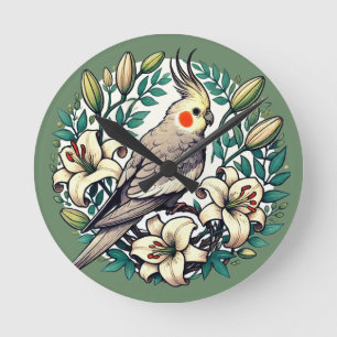 Cockatiel Bird Illustration                        Round Clock