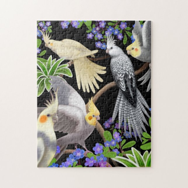 Cockatiel Parrots in Forget Me Nots Puzzle (Vertical)