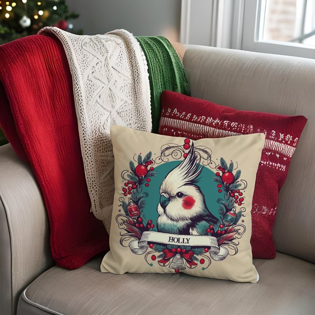 Cockatiel Pet Bird Name Sweet Vintage Christmas Cushion (Christmas Cockatiel personalized pet bird pillow in pretty vintage style and trendy teal and red)