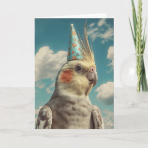 Cockatiel with Birthday Hat Against Blue Sky Card