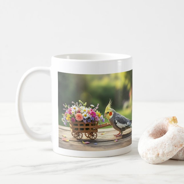 Cockatiel with Flower Cart Cute Pet Bird Lover  Coffee Mug (With Donut)
