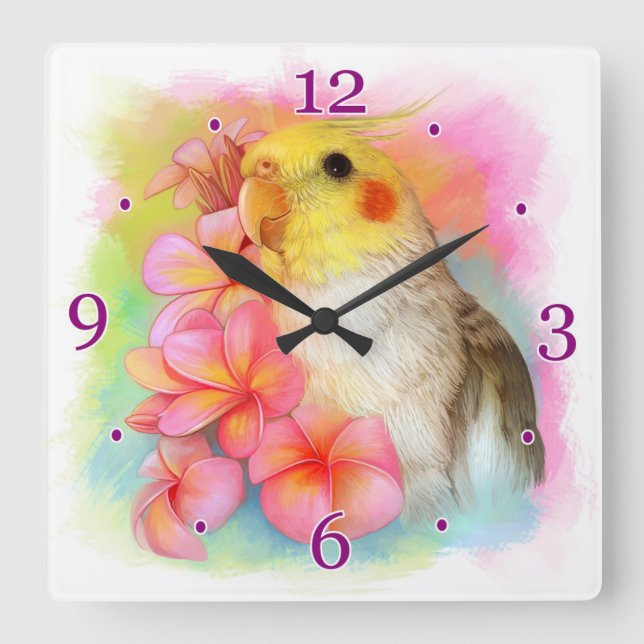 Cockatiel with frangipani square wall clock (Front)