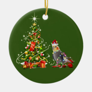 Cockatiel With Hat Scaft Christmas Ceramic Ornament