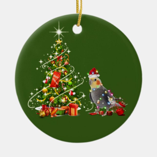 Cockatiel With Hat Scaft Christmas Ceramic Ornament (Front)