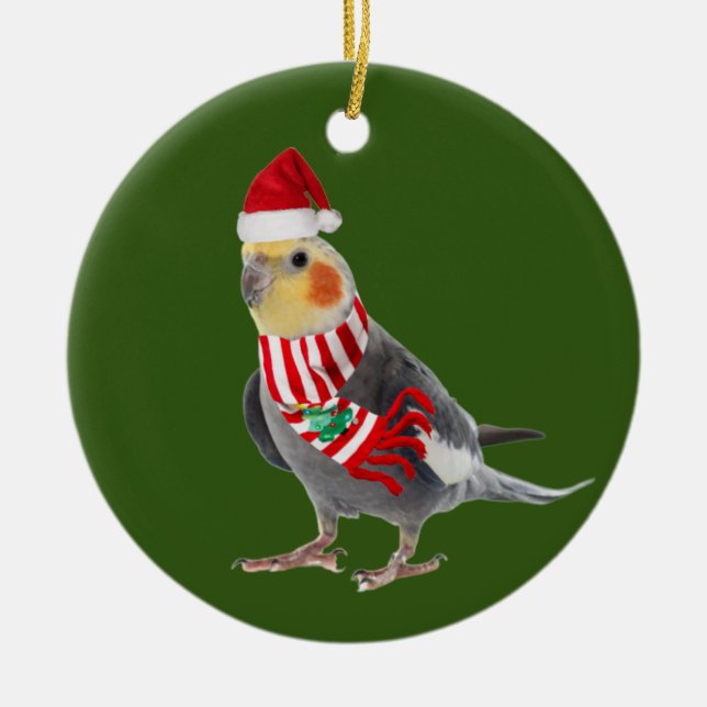 Cockatiel With Hat Scaft Christmas Ceramic Ornament (Front)