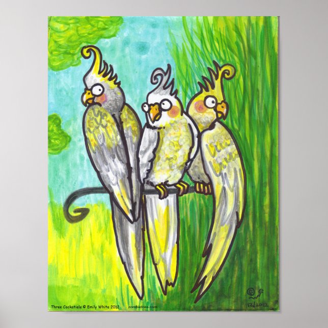 Cockatiels 3 Cartoon Birds lowbrow pet art print (Front)