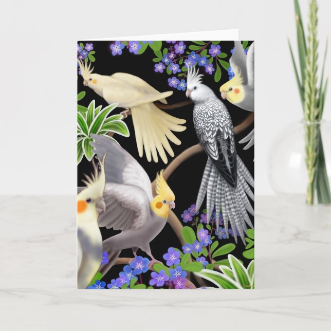 Cockatiels and Flowers Card (Front)