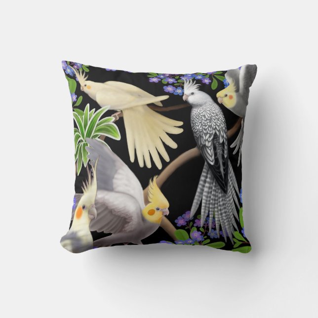 Cockatiels in Forget Me Nots Pillow (Front)