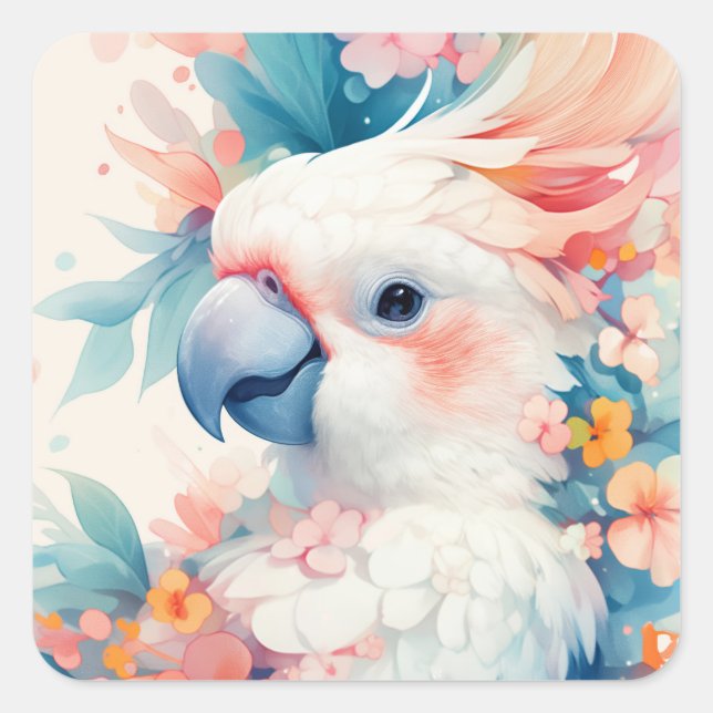 Cockatoo Among Vibrant Blossoms Square Sticker (Front)