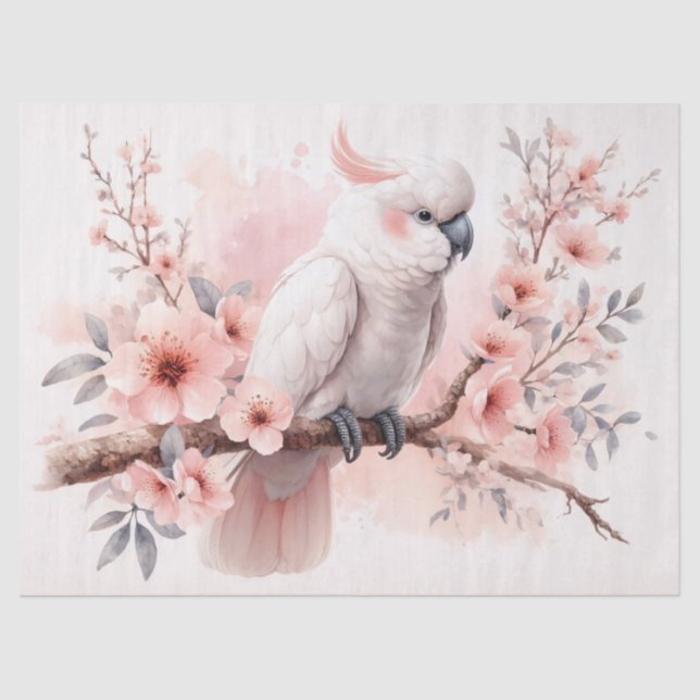 Cockatoo and Blush Pink Flowers Decoupage Tissue Paper (Front)