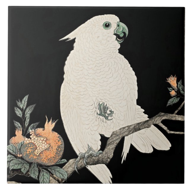 Cockatoo and Pomegranate, fine art by Ohara Koson Ceramic Tile (Front)