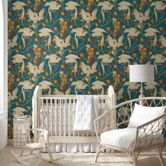 Cockatoo and Pomegranate in orient blue  Wallpaper