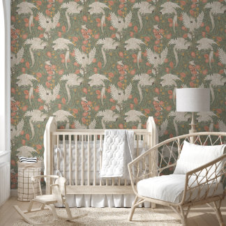Cockatoo and Pomegranate in sage green  Wallpaper