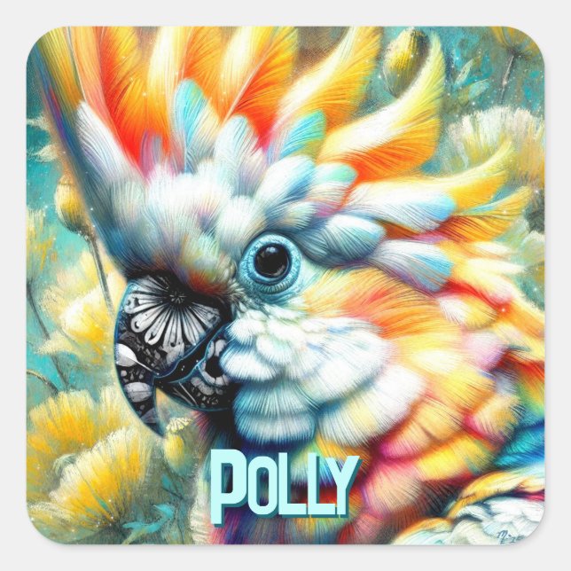 Cockatoo Bird Yellow Poppies Personalised Square Sticker (Front)