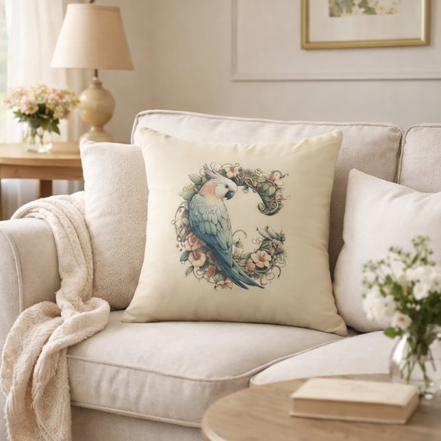 Cockatoo monogram C throw pillow vintage botanical (Creator Uploaded)