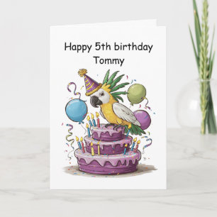 cockatoo perched on birthday cake balloons card