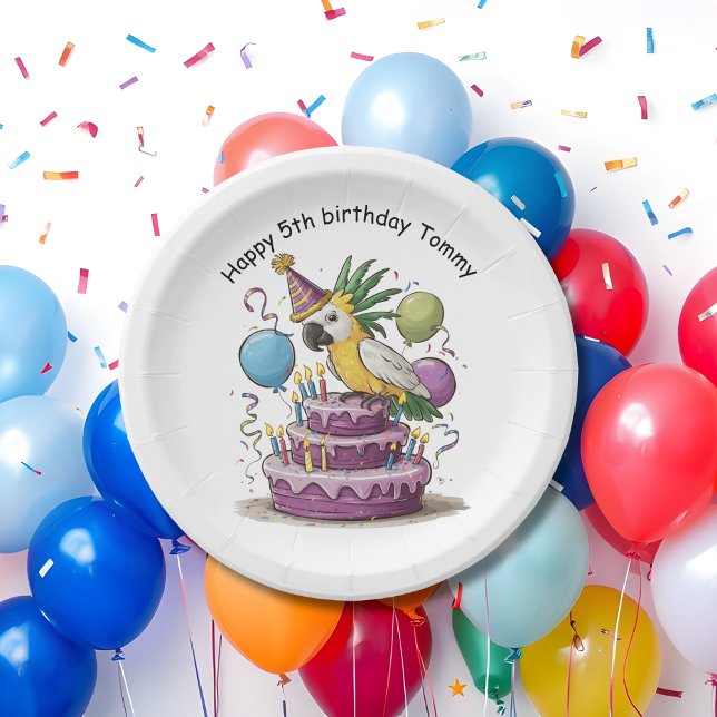 cockatoo perched on birthday cake balloons paper plate (Creator Uploaded)