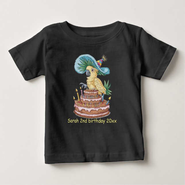 cockatoo perched on birthday cake fancy hat baby T-Shirt (Front)