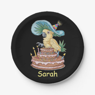 cockatoo perched on birthday cake fancy hat paper plate
