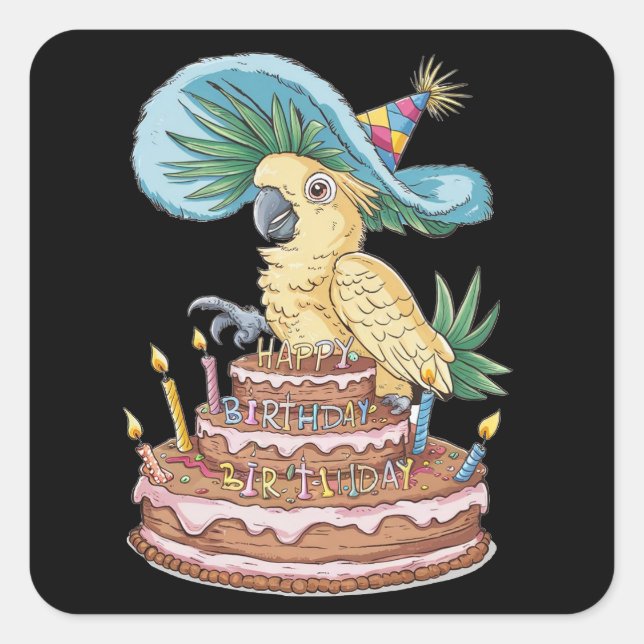 cockatoo perched on birthday cake fancy hat square sticker (Front)