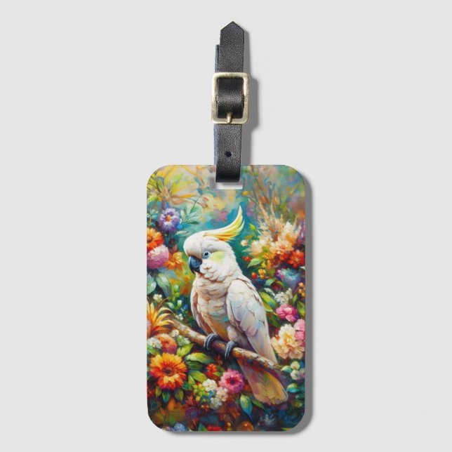 Cockatoo with Colourful Flowers Luggage Tag (Front Vertical)