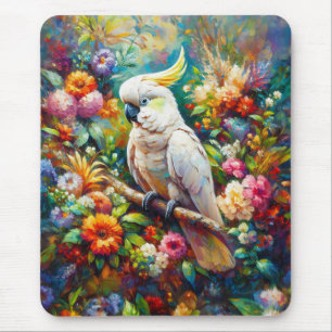 Cockatoo with Colourful Flowers Mouse Pad