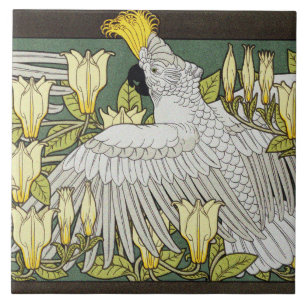 Cockatoos, Magnolia and White Mice Art Nouveau Ceramic Tile