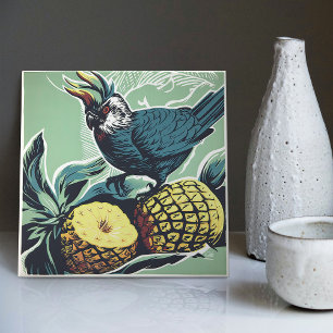 Cockatoo's Pineapple Pursuit: Mid-Century Inspired Ceramic Tile